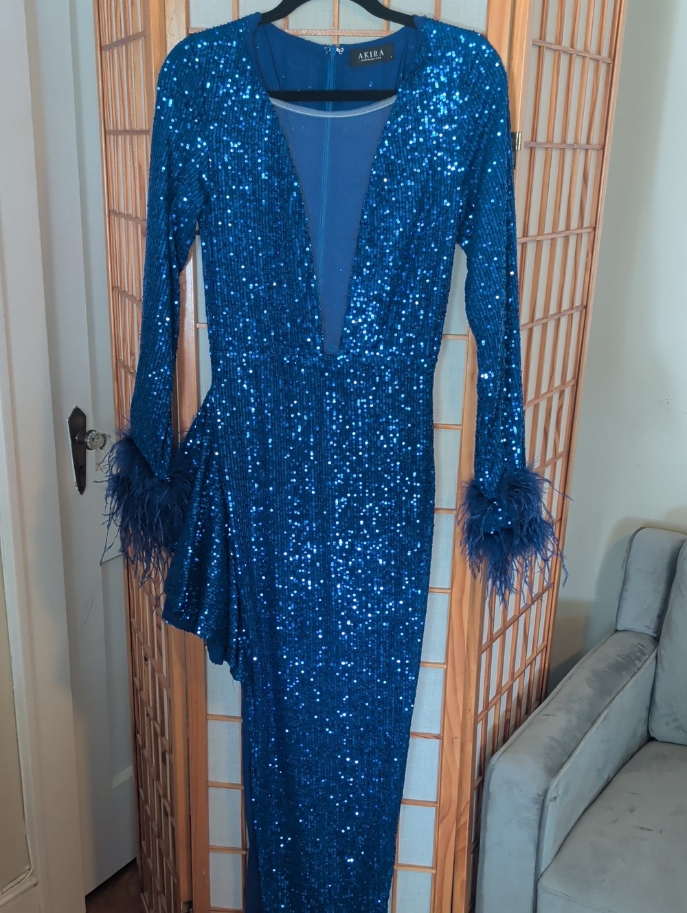 AKIRA Electric Blue Sequin Plunge Maxi Dress with Feather Cuffs And High Slit